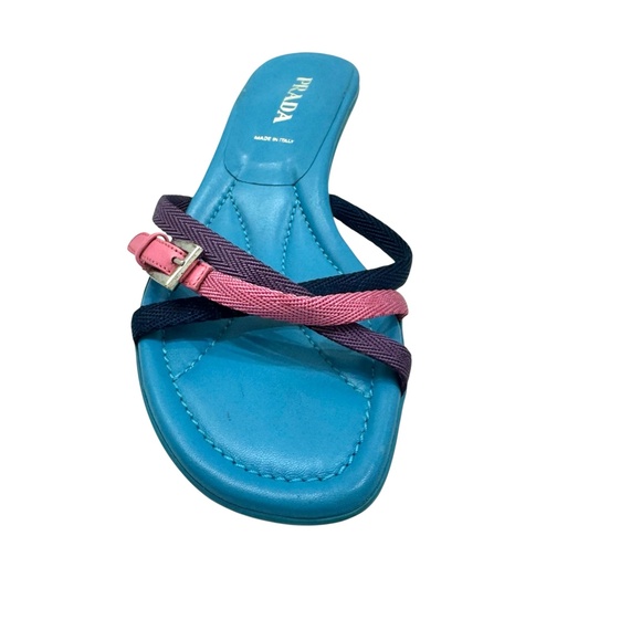 PRADA Y2K TURQUOISE BLUE KITTEN HEEL SLIDES W NAVY, PINK & PURPLE STRAPS - Picture 5 of 16
